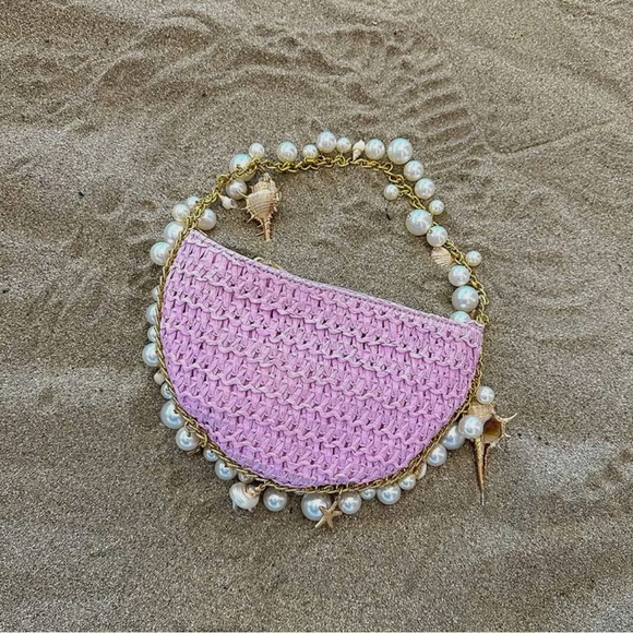 NWT Lavender Shell Straw Top Handle Bag | Pearl & Gold Vacation Must-have 🆕 - Picture 5 of 9